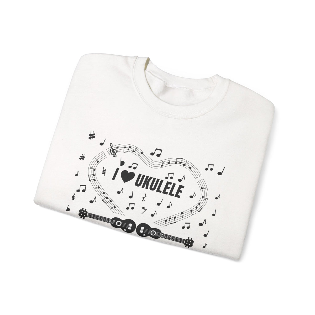 Music-themed Unisex Heavy Blend Crewneck Sweatshirt: 'I love ukulele' - black on white