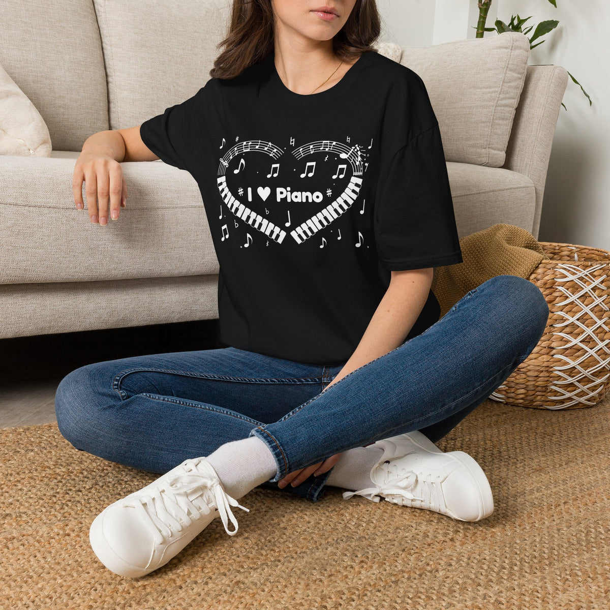 Music-themed Unisex Softstyle T-Shirt: 'I love piano' heart - black & white