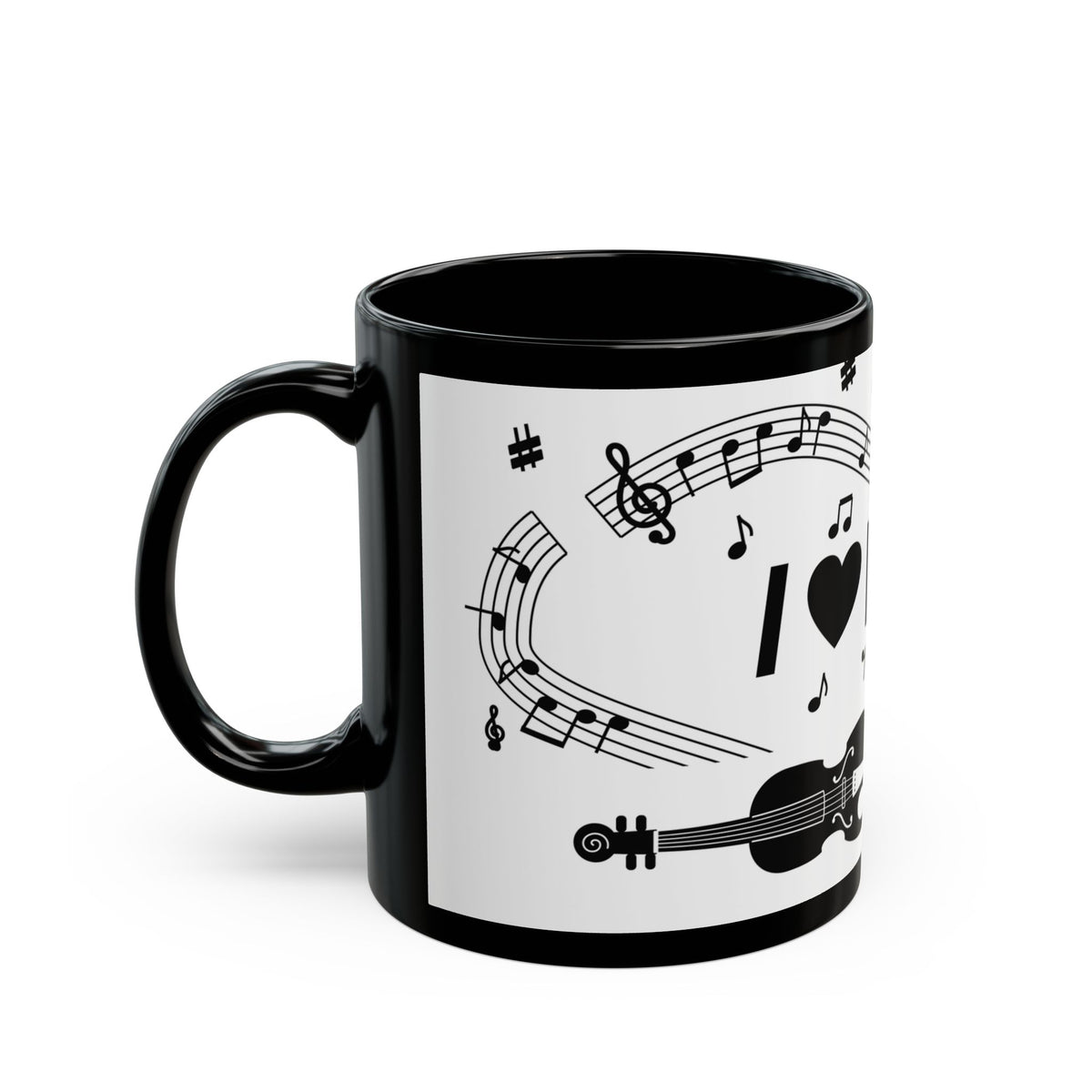 Music-themed Black Mug (11oz, 15oz): 'I love violin' - black on white