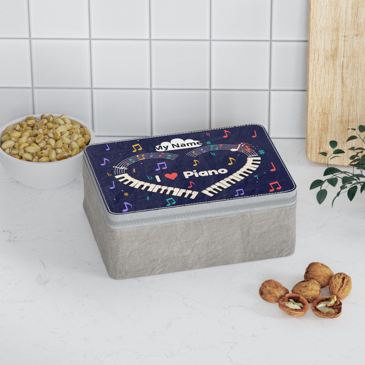 Music-themed Paper Lunch Bag: 'I love piano' heart - navy