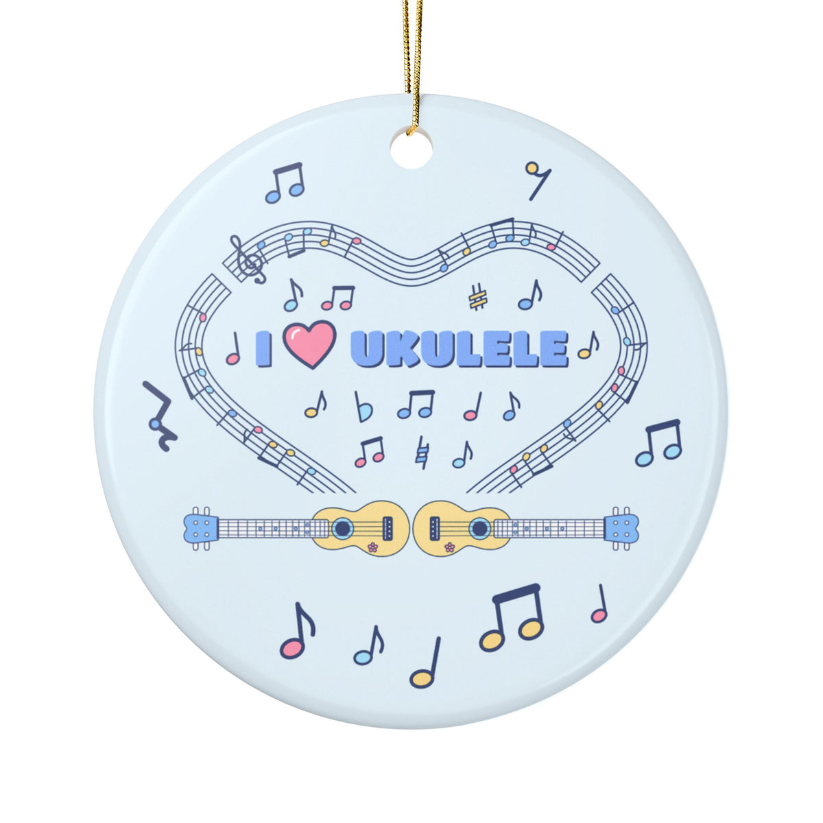 Music-themed Ceramic Ornaments, 2-Side Print: 'I love ukulele' - blue