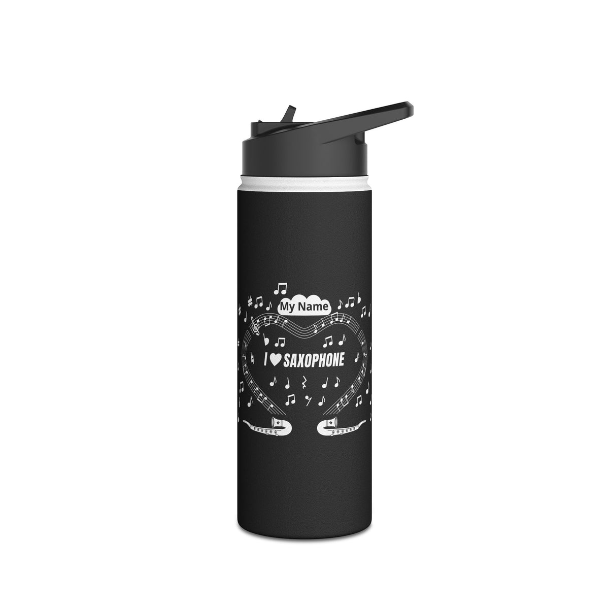 Music-themed Stainless Steel Water Bottle, Standard Lid: 'I love saxophone' - black & white