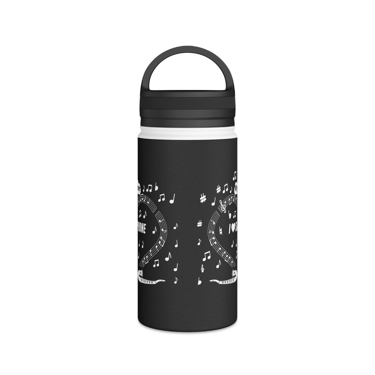 Music-themed Stainless Steel Water Bottle, Handle Lid: 'I love saxophone' - black & white