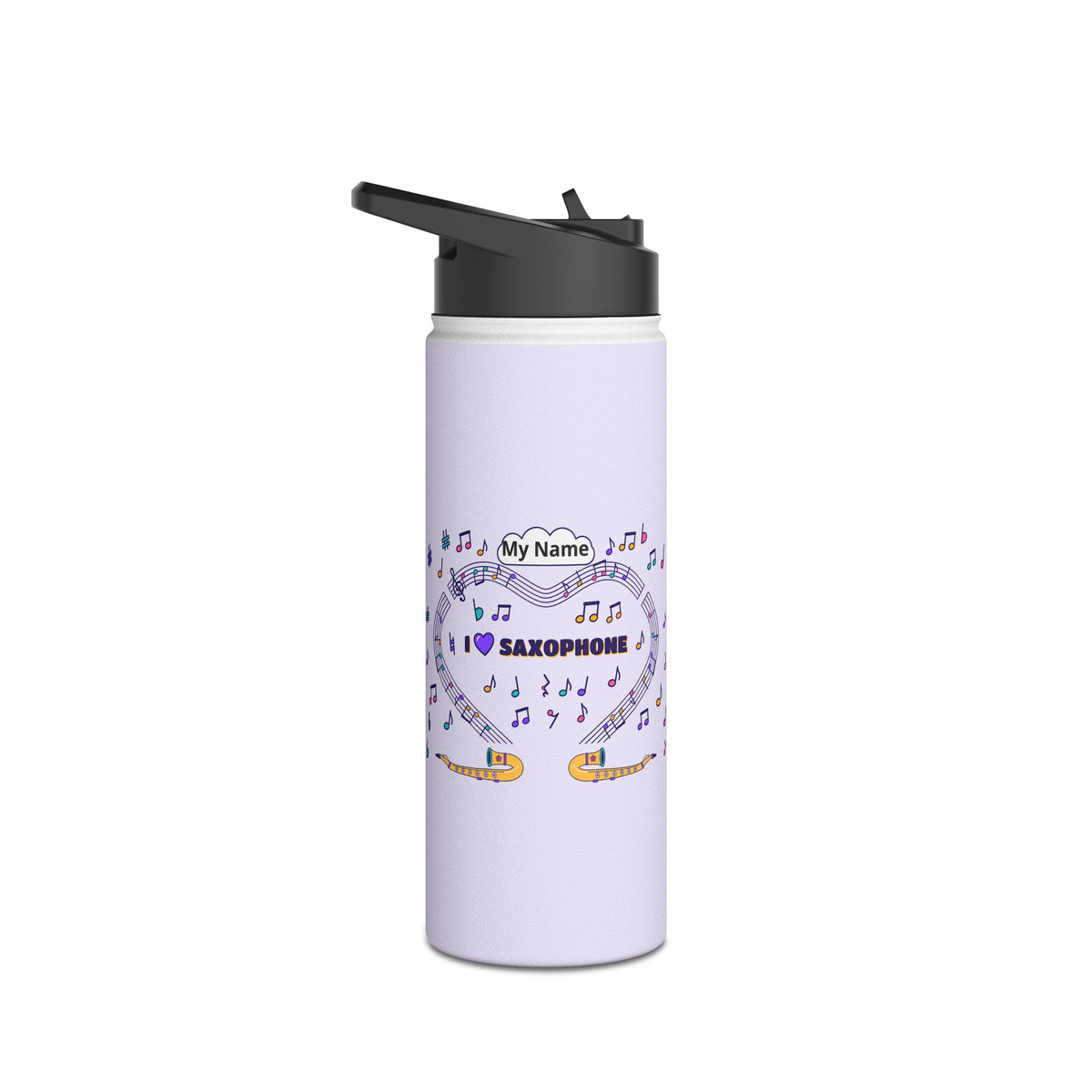 Music-themed Stainless Steel Water Bottle, Standard Lid: 'I love saxophone' - violet