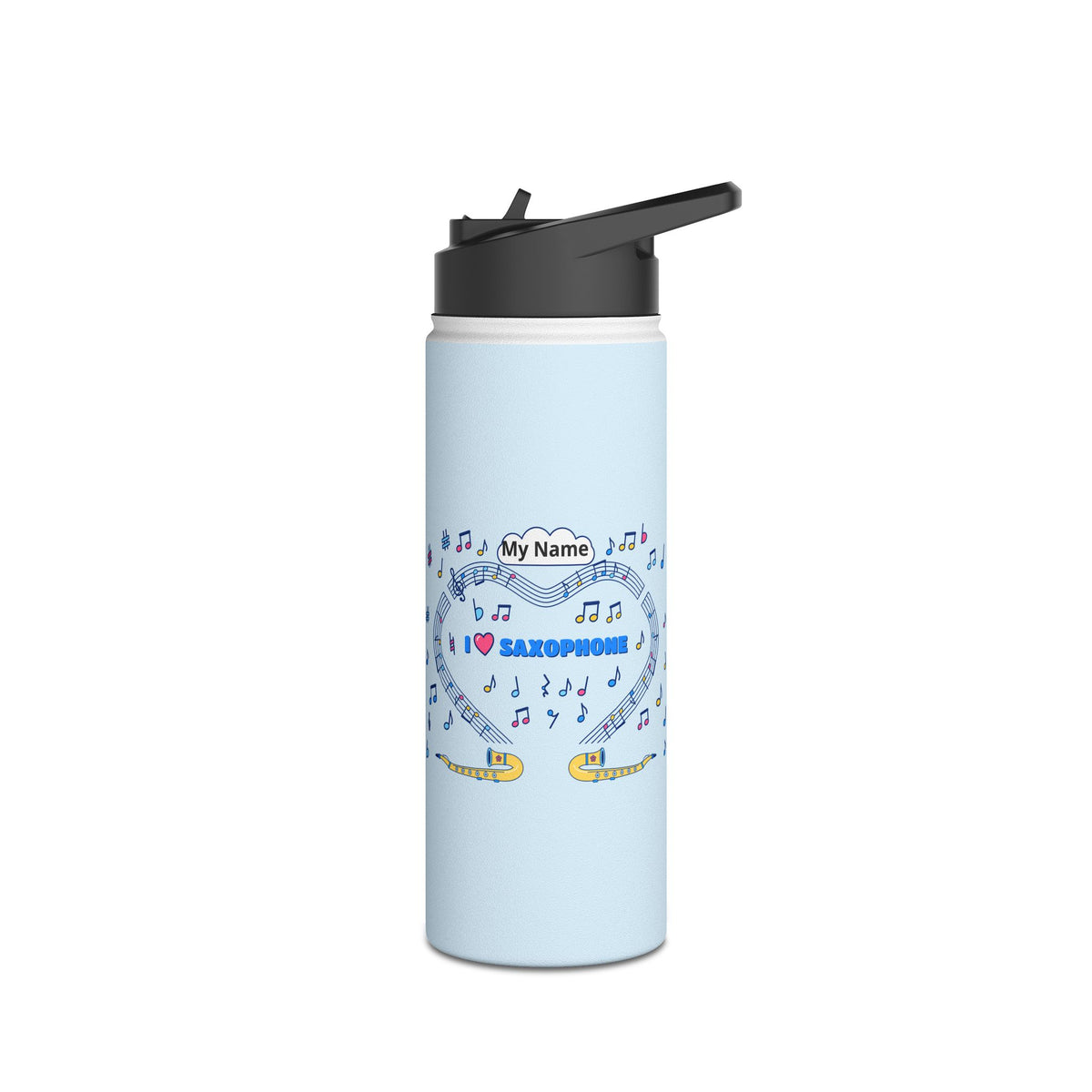 Music-themed Stainless Steel Water Bottle, Standard Lid: 'I love saxophone' - blue