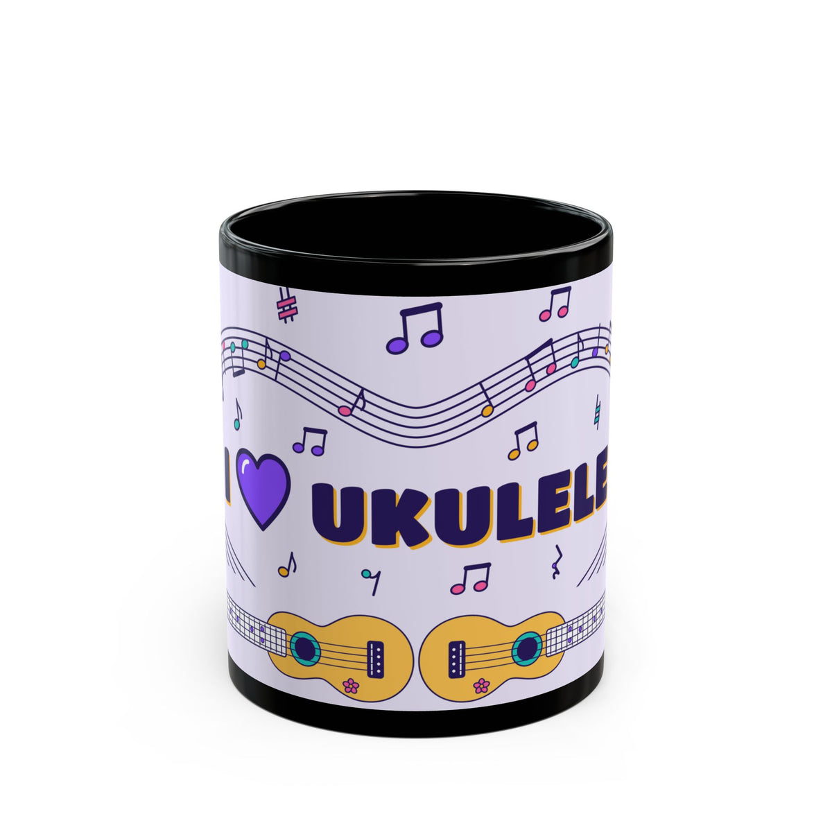 Music-themed Black Mug (11oz, 15oz): 'I love ukulele' - violet