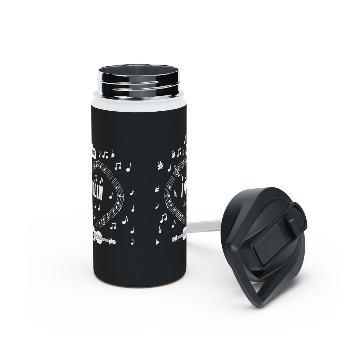 Music-themed Stainless Steel Water Bottle, Standard Lid: 'I love violin' - black & white