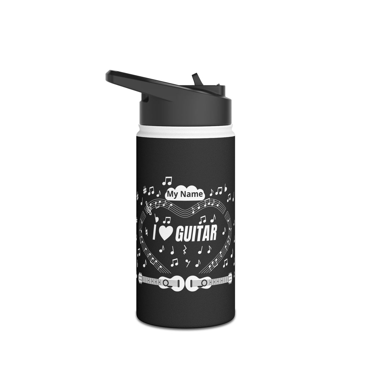 Music-themed Stainless Steel Water Bottle, Standard Lid: 'I love guitar' - black & white
