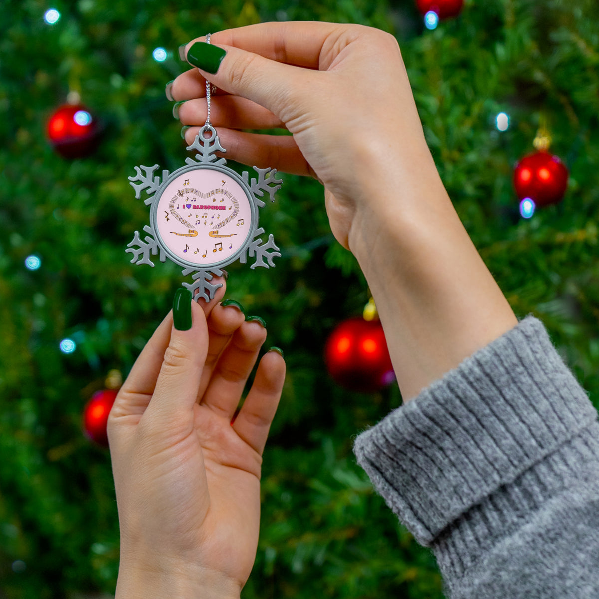 Music-themed Pewter Snowflake Ornament: 'I love saxophone' - pink