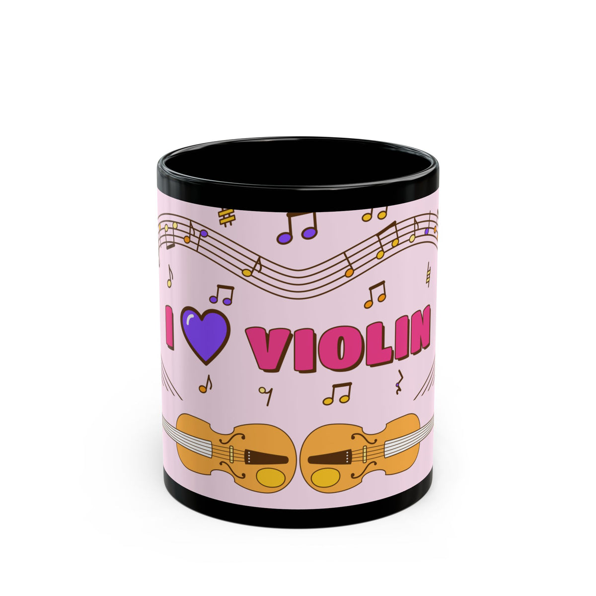Music-themed Black Mug (11oz, 15oz): 'I love violin' - pink