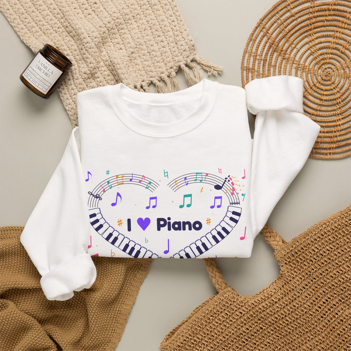 Music-themed Unisex Heavy Blend Crewneck Sweatshirt: 'I love piano' heart - violet