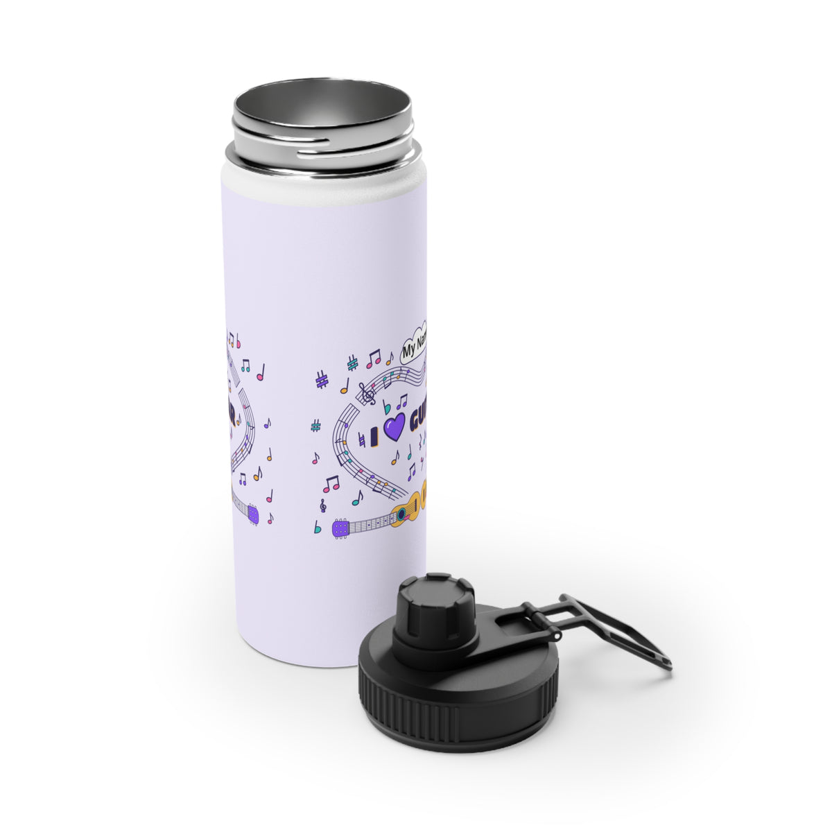 Music-themed Stainless Steel Water Bottle, Sports Lid: 'I love guitar' - violet