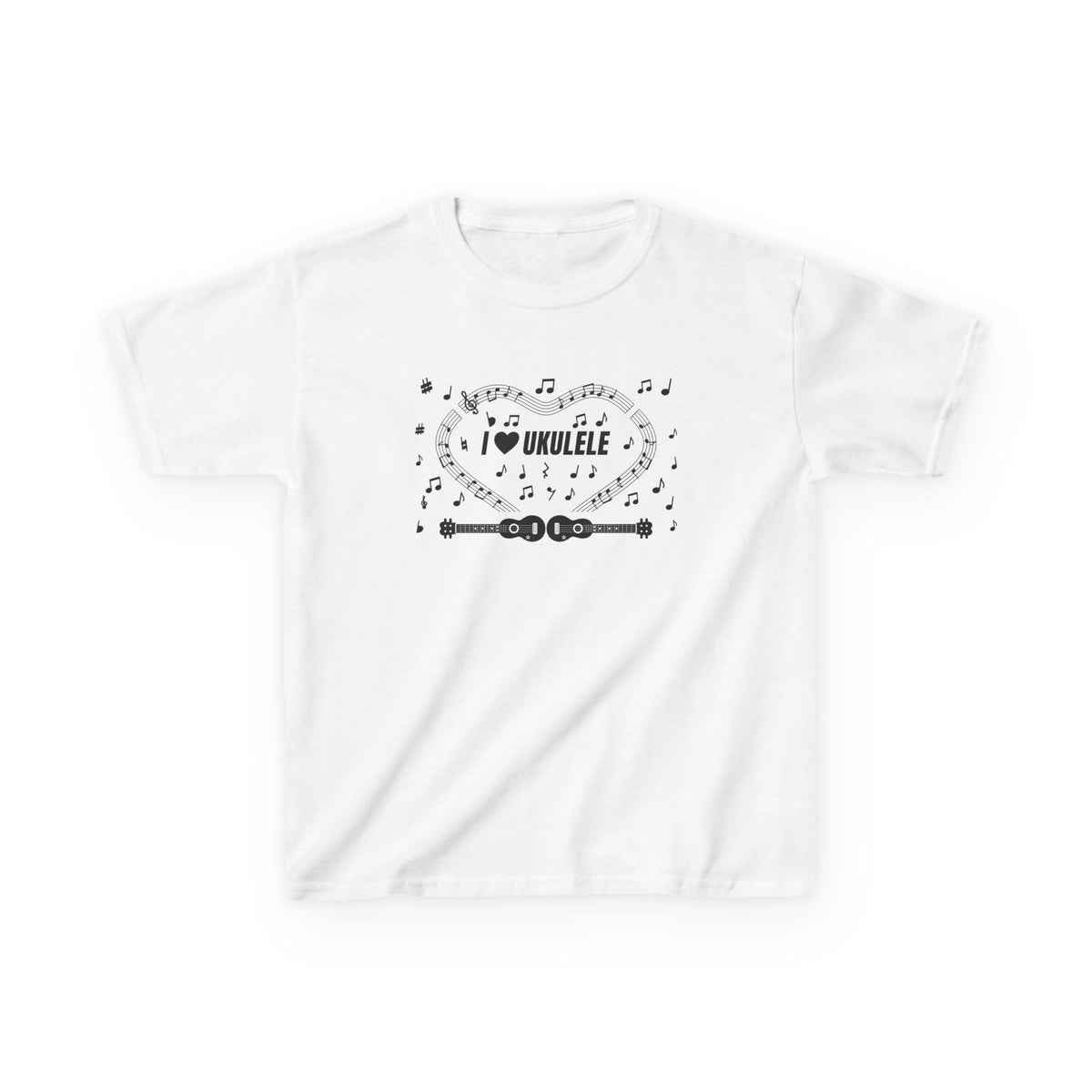 Music-themed Kids Heavy Cotton Tee: 'I love ukulele' - black on white
