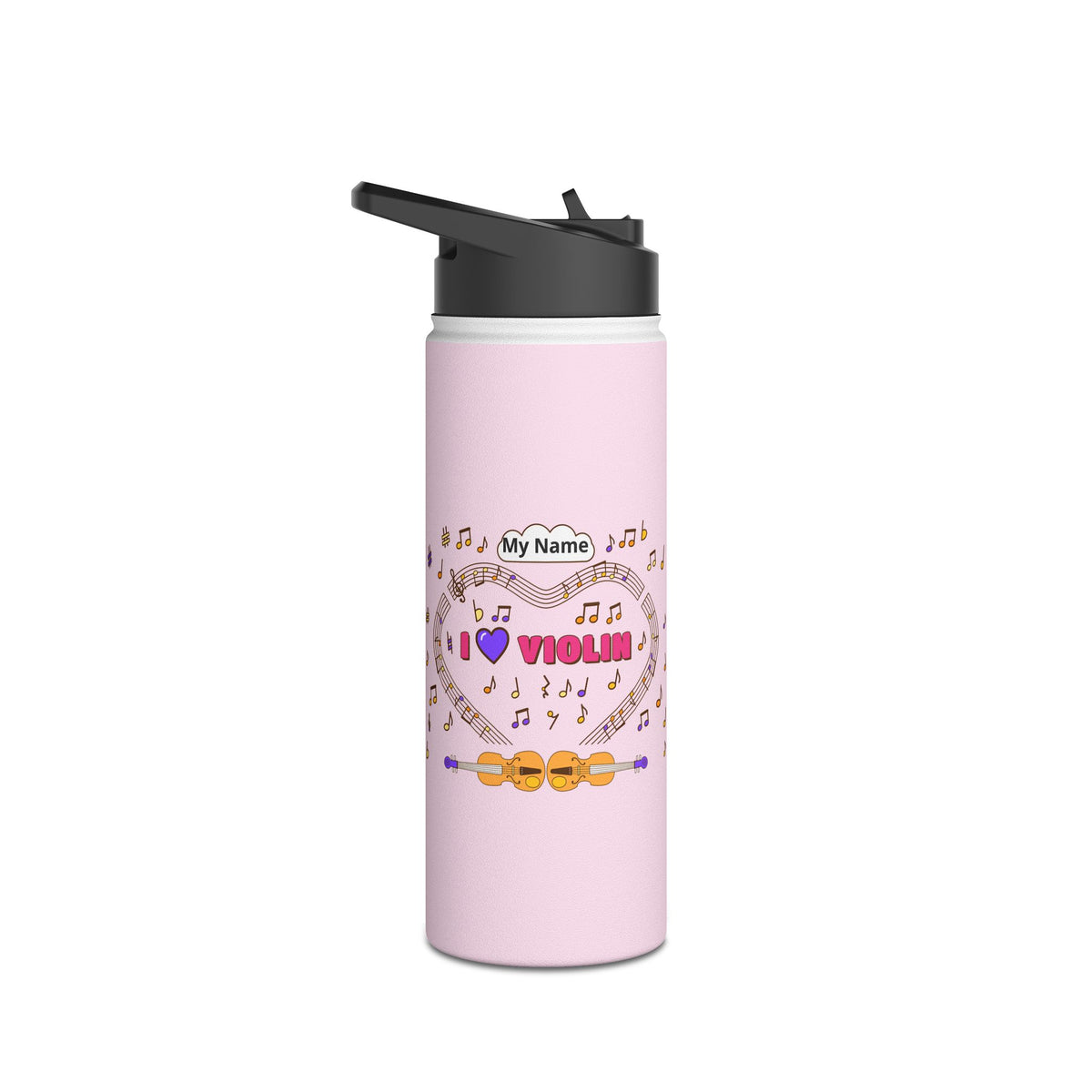 Music-themed Stainless Steel Water Bottle, Standard Lid: 'I love violin' - pink