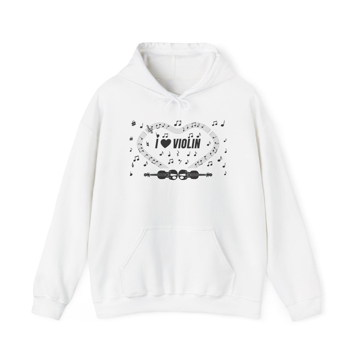 Music-themed Unisex Heavy Blend Hooded Sweatshirt: 'I love violin' - black on white