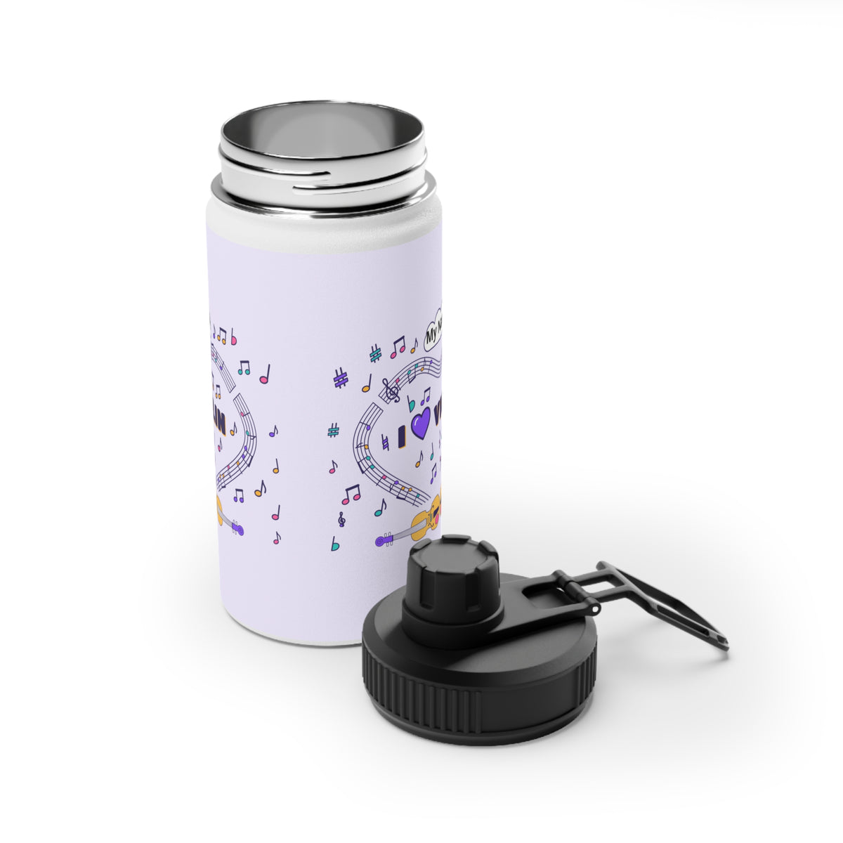 Music-themed Stainless Steel Water Bottle, Sports Lid: 'I love violin' - violet