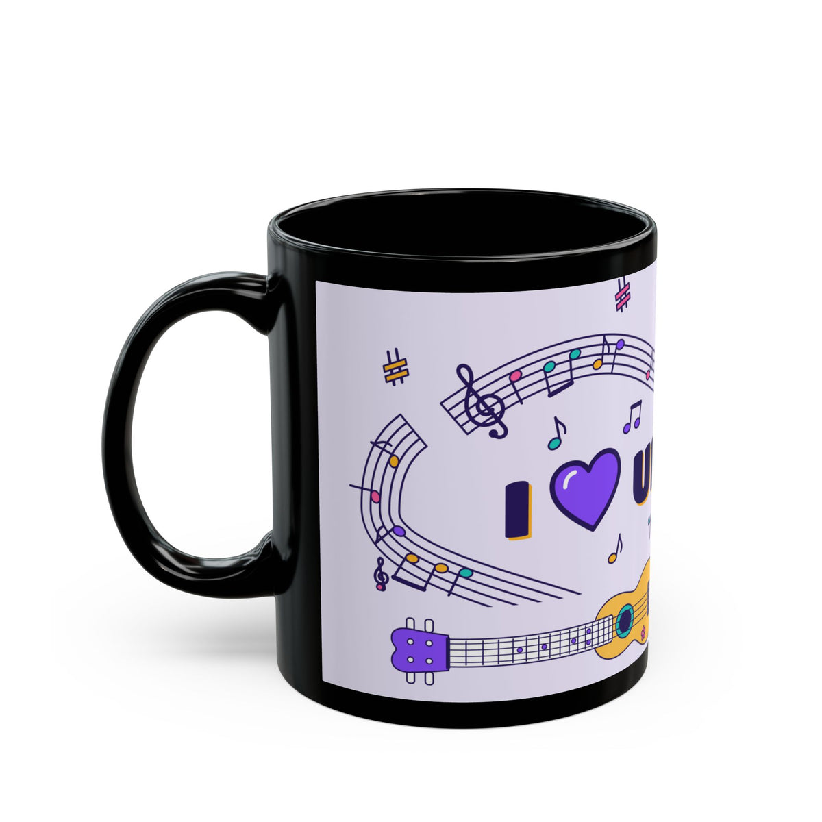 Music-themed Black Mug (11oz, 15oz): 'I love ukulele' - violet