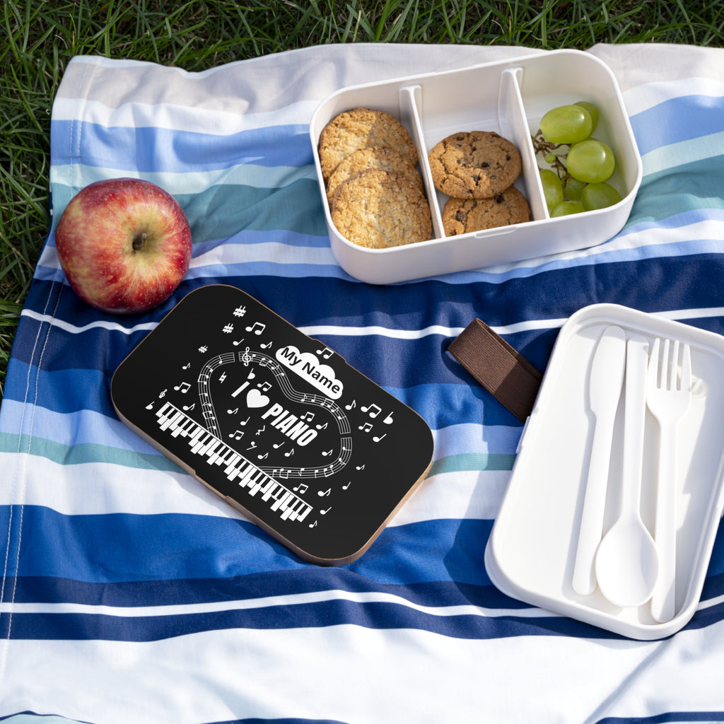Music-themed Bento Lunch Box: 'I love piano' - black & white