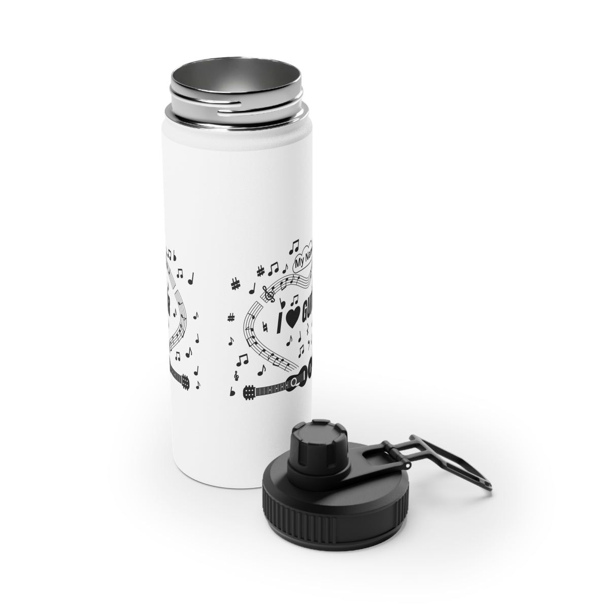 Music-themed Stainless Steel Water Bottle, Sports Lid: 'I love guitar' - black on white