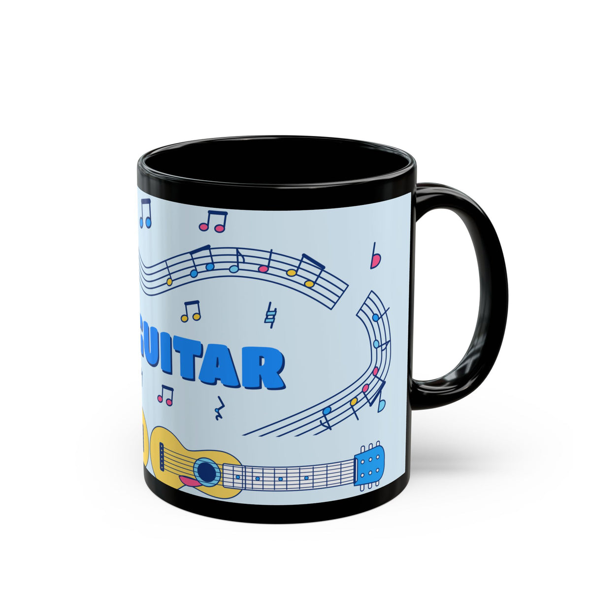 Music-themed Black Mug (11oz, 15oz): 'I love guitar' - blue
