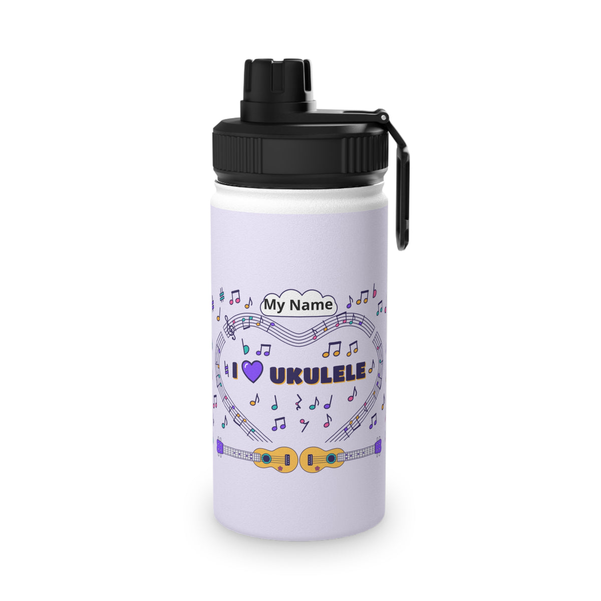 Music-themed Stainless Steel Water Bottle, Sports Lid: 'I love ukulele' - violet