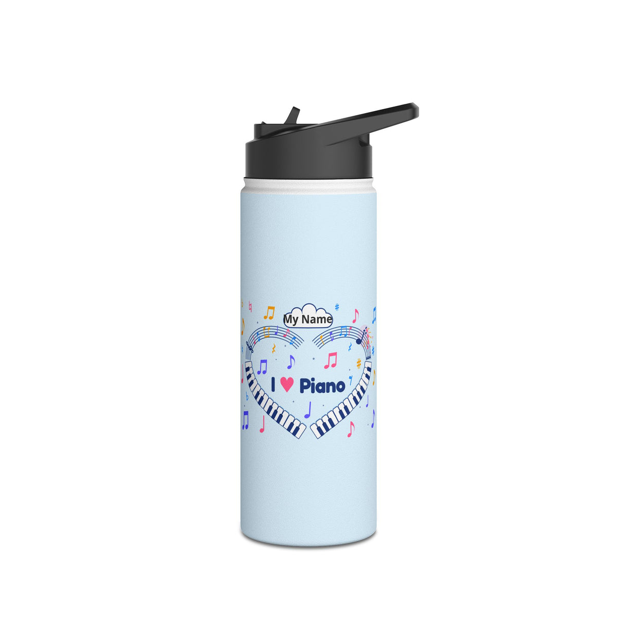 Music-themed Stainless Steel Water Bottle, Standard Lid: 'I love piano' heart - blue