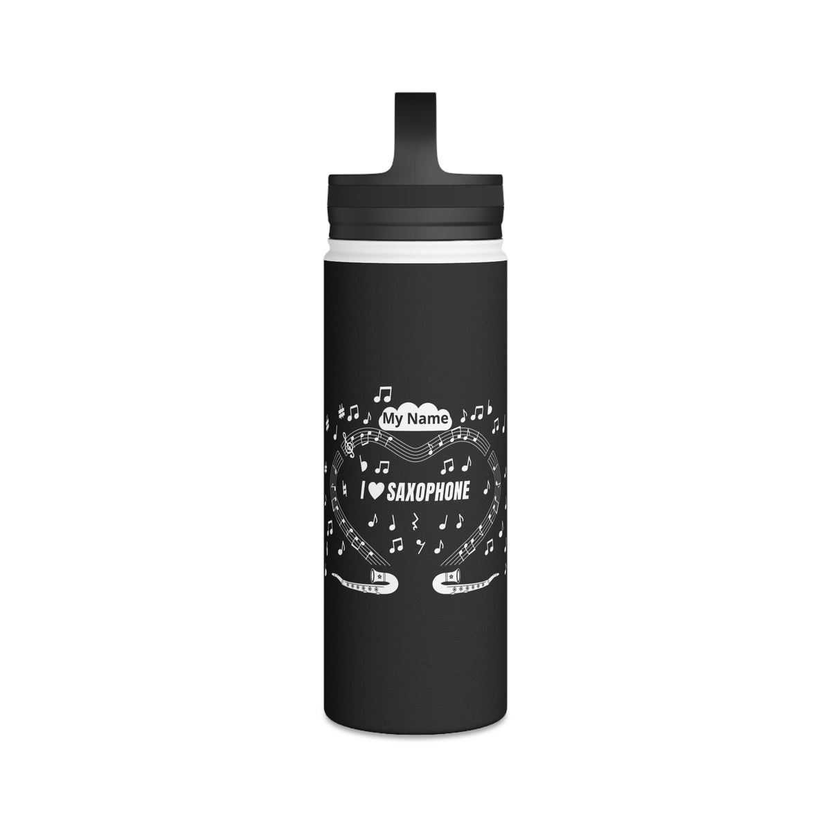 Music-themed Stainless Steel Water Bottle, Handle Lid: 'I love saxophone' - black & white