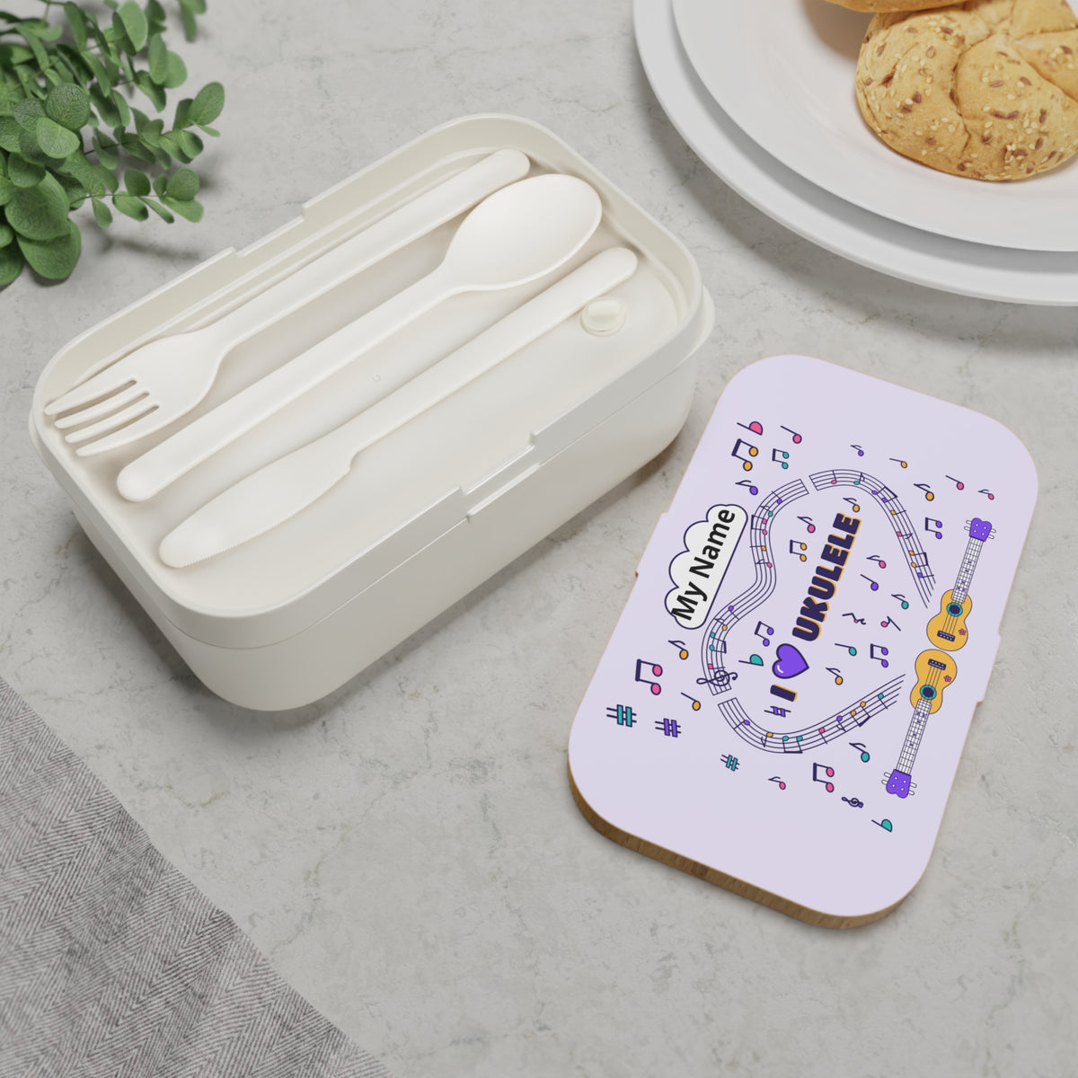 Music-themed Bento Lunch Box: 'I love ukulele' - violet