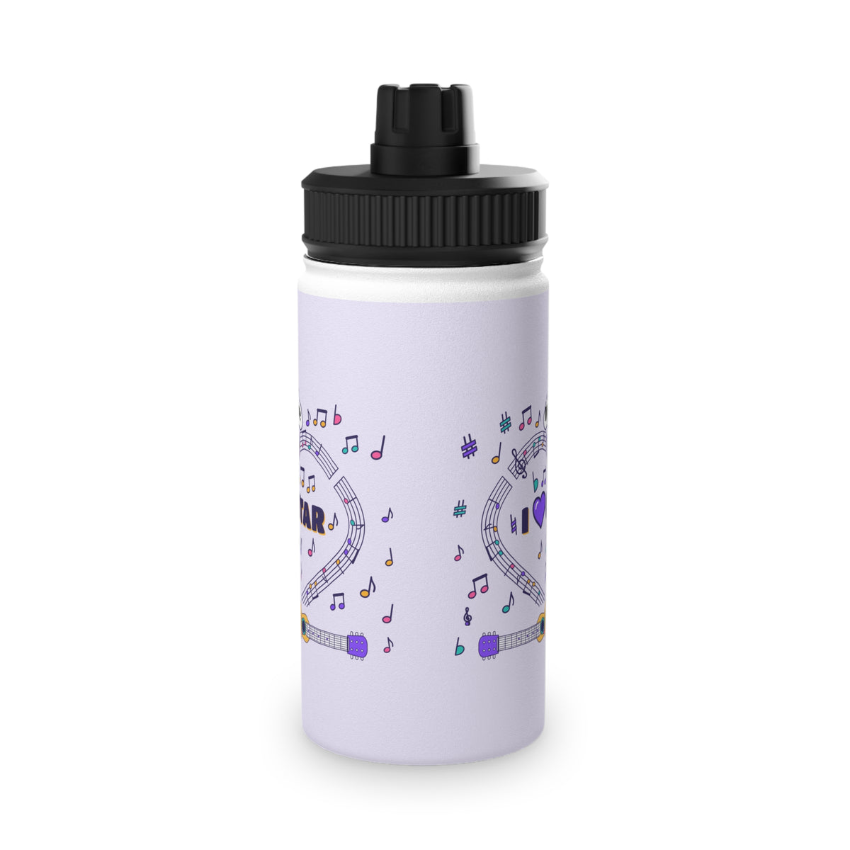 Music-themed Stainless Steel Water Bottle, Sports Lid: 'I love guitar' - violet
