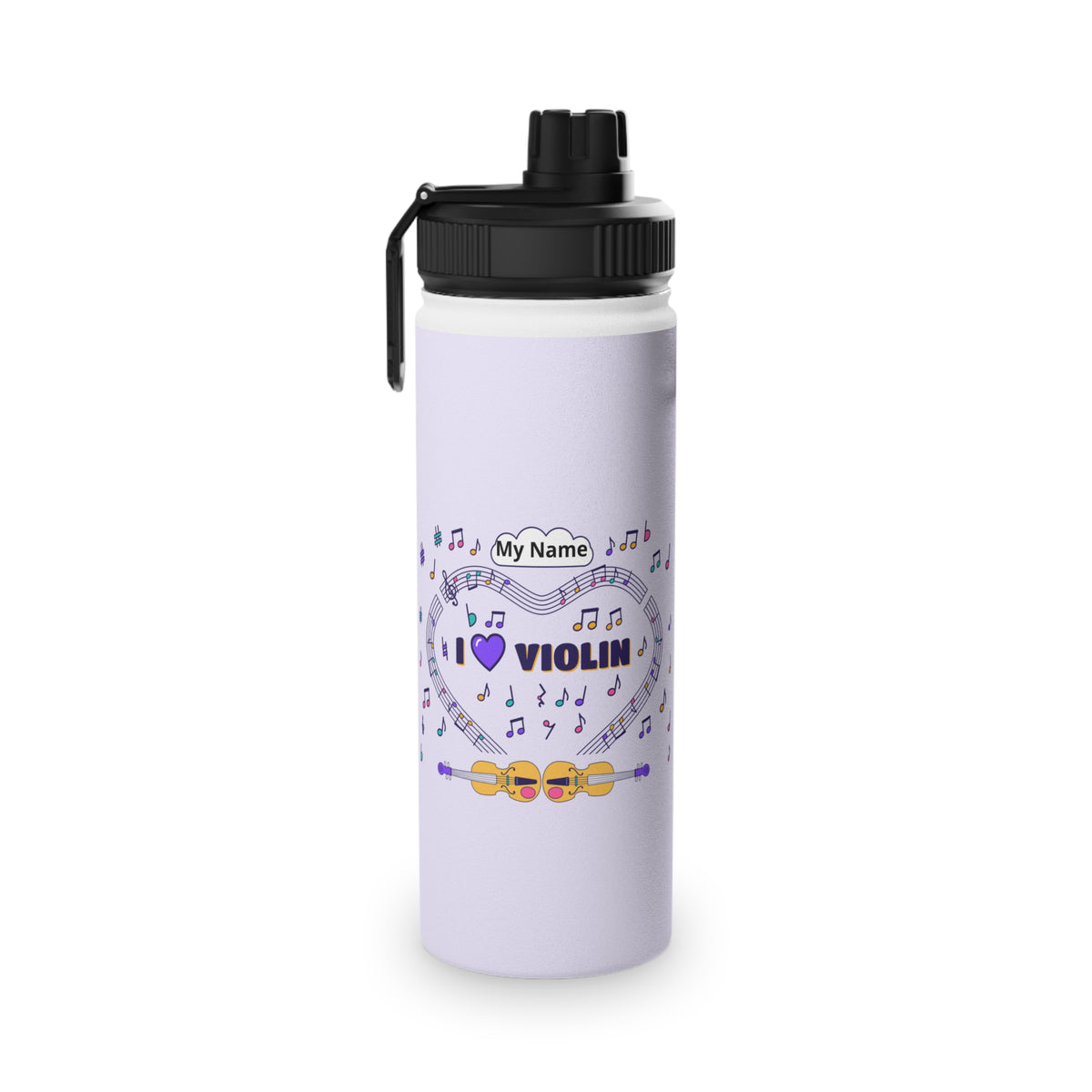 Music-themed Stainless Steel Water Bottle, Sports Lid: 'I love violin' - violet