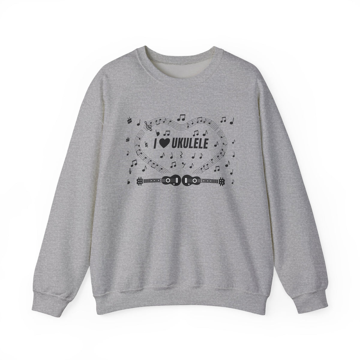 Music-themed Unisex Heavy Blend Crewneck Sweatshirt: 'I love ukulele' - black on white