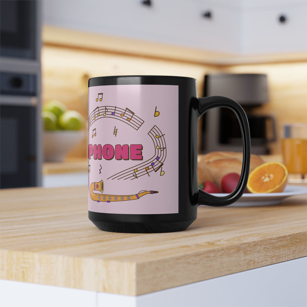 Music-themed Black Mug (11oz, 15oz): 'I love saxophone' - pink