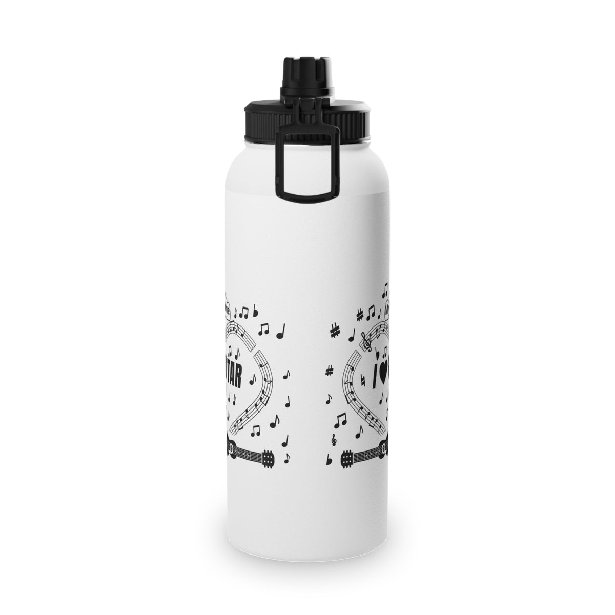 Music-themed Stainless Steel Water Bottle, Sports Lid: 'I love guitar' - black on white
