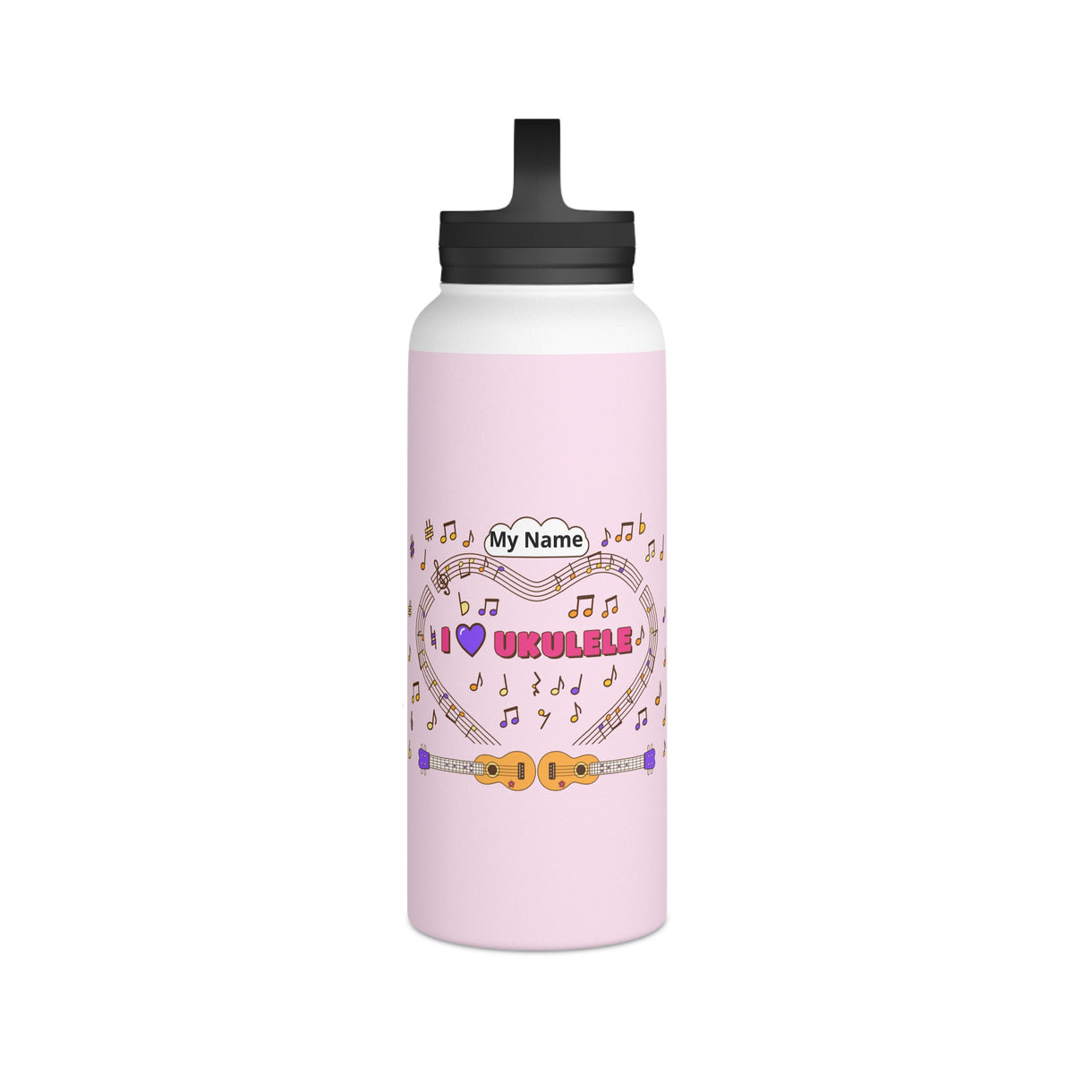 Music-themed Stainless Steel Water Bottle, Handle Lid: 'I love ukulele' - pink