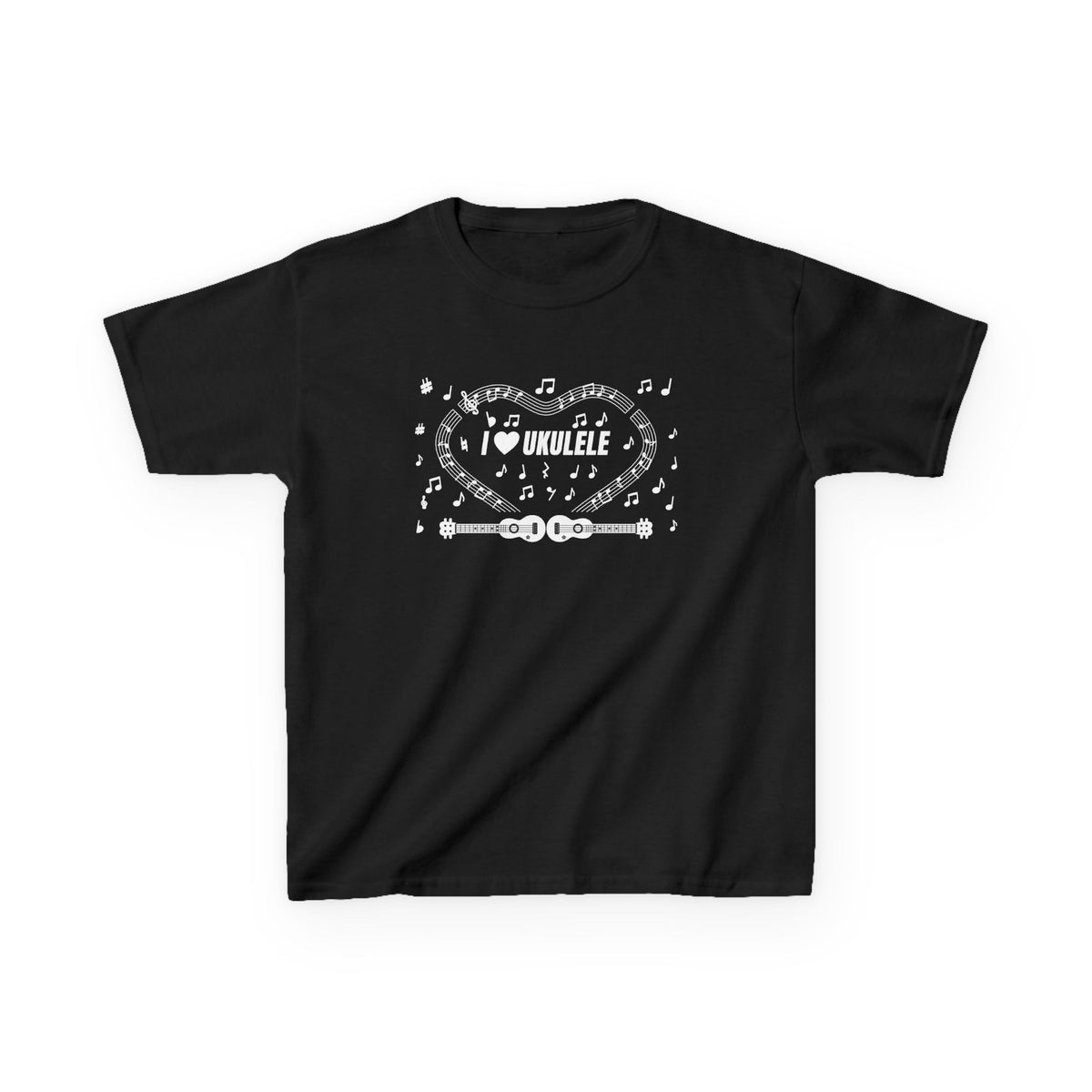 Music-themed Kids Heavy Cotton Tee: 'I love ukulele' - black & white