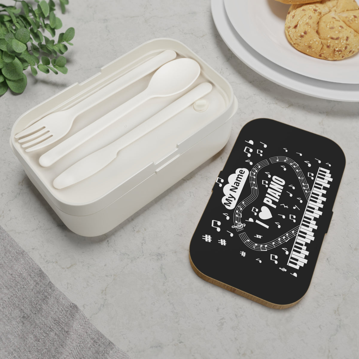 Music-themed Bento Lunch Box: 'I love piano' - black & white