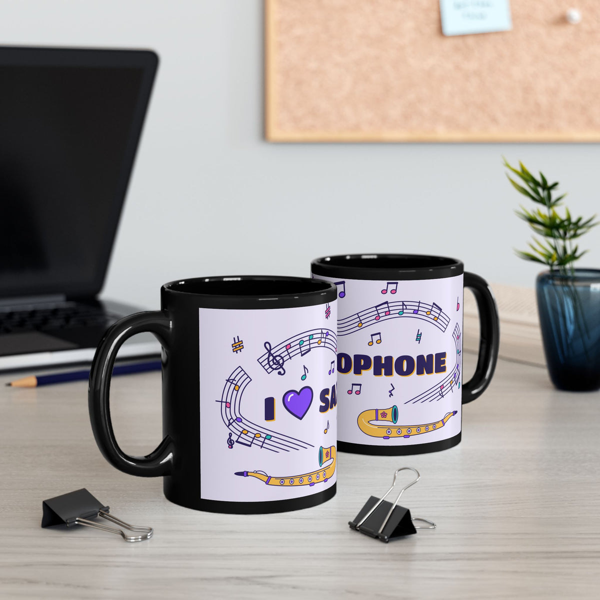 Music-themed Black Mug (11oz, 15oz): 'I love saxophone' - violet