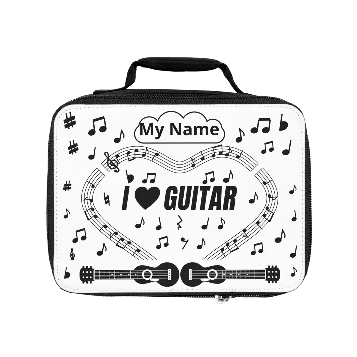 Music-themed Lunch Bag: 'I love guitar' - black on white