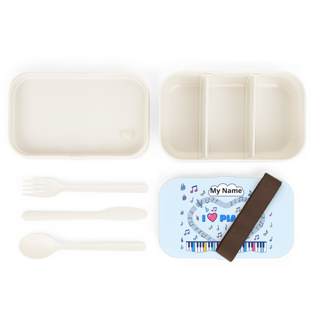 Music-themed Bento Lunch Box: 'I love piano' - blue