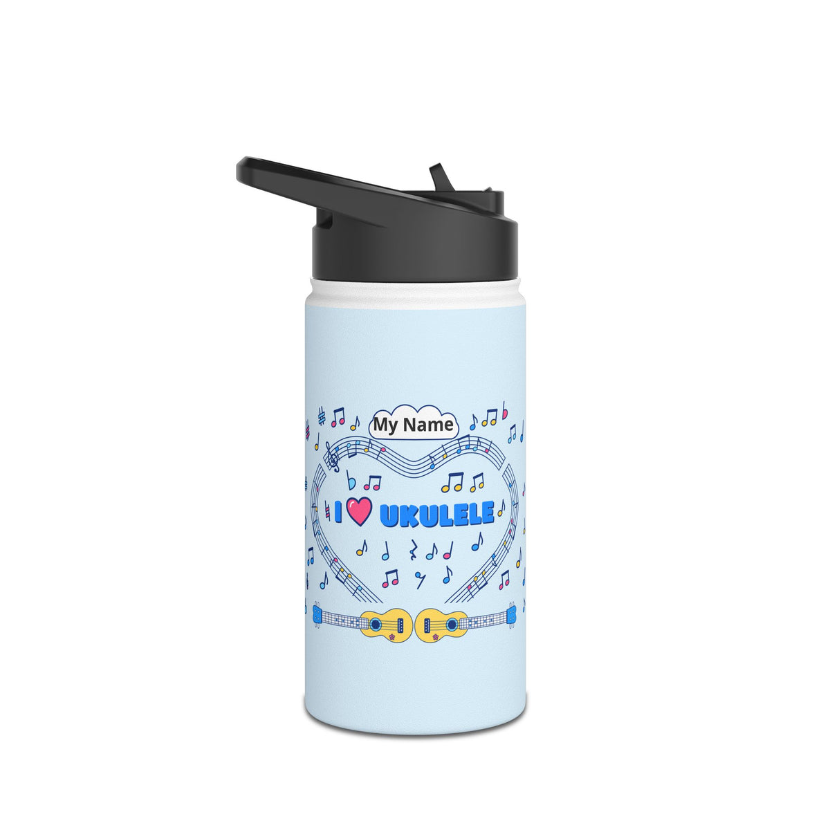 Music-themed Stainless Steel Water Bottle, Standard Lid: 'I love ukulele' - blue