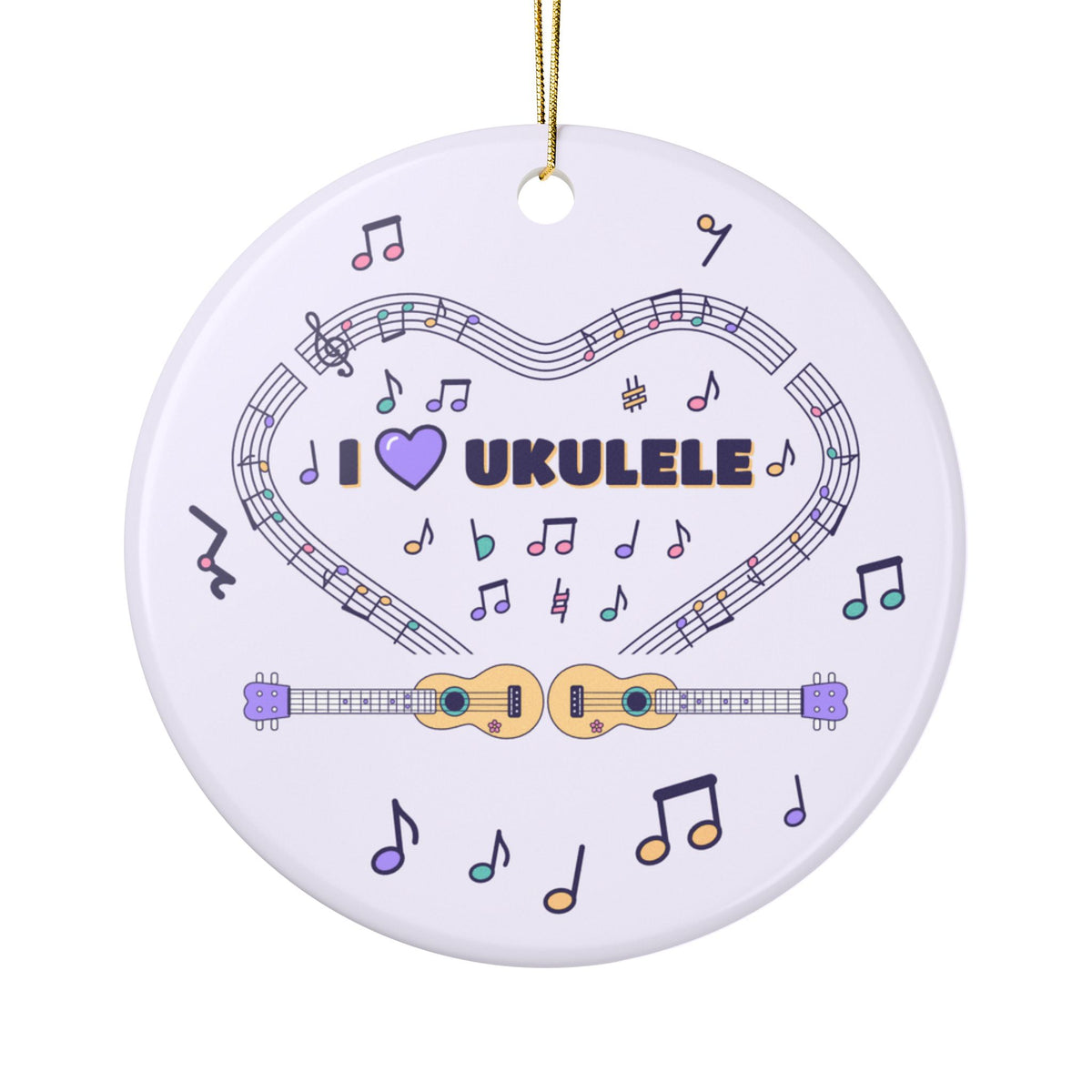Music-themed Ceramic Ornaments, 1-Side Print: 'I love ukulele' - violet