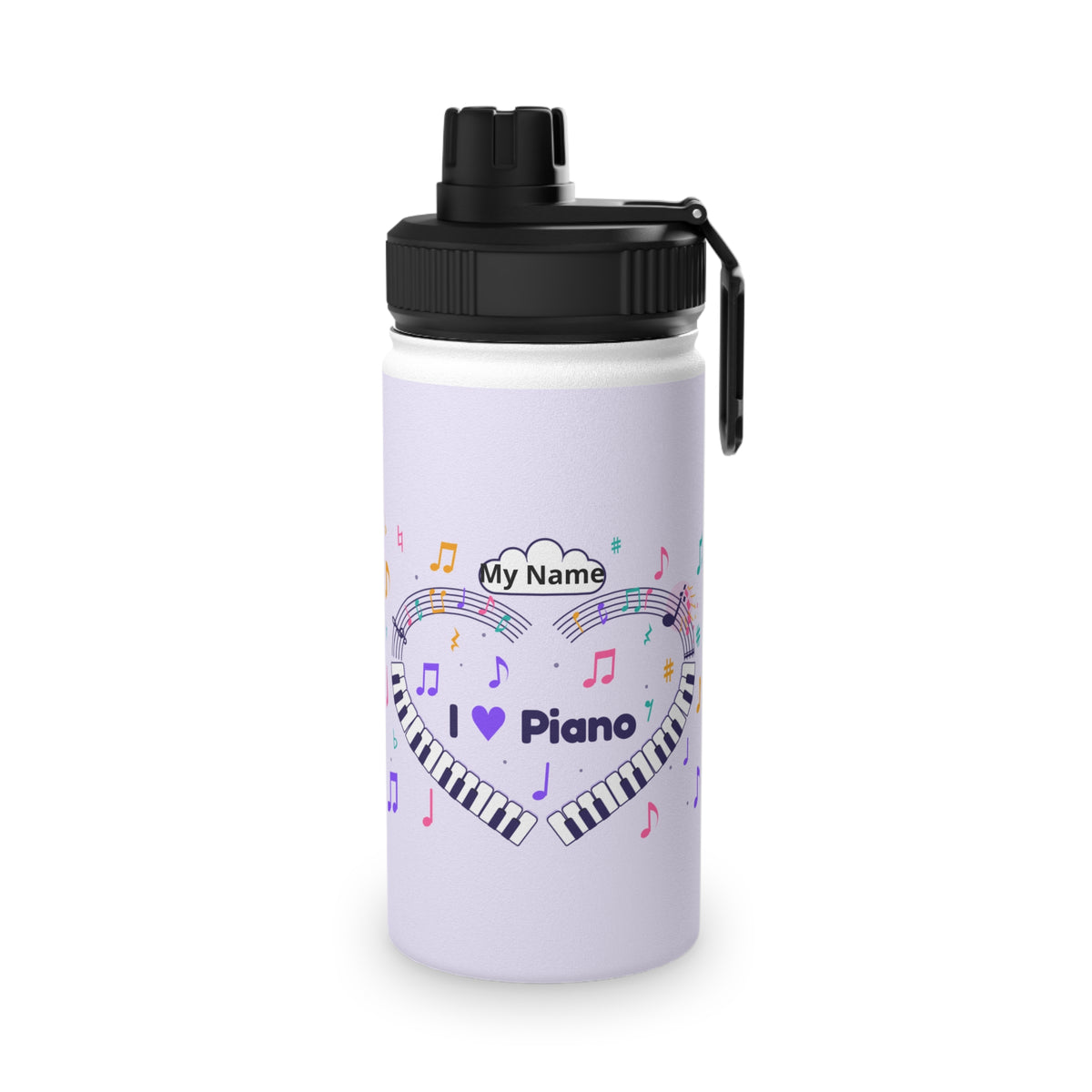 Music-themed Stainless Steel Water Bottle, Sports Lid: 'I love piano' heart - violet