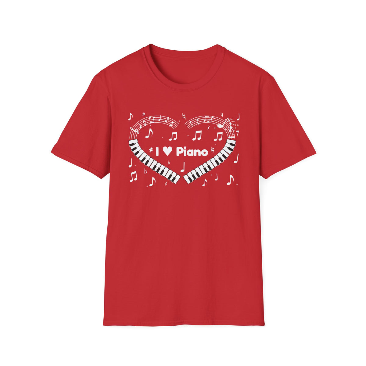 Music-themed Unisex Softstyle T-Shirt: 'I love piano' heart - black & white