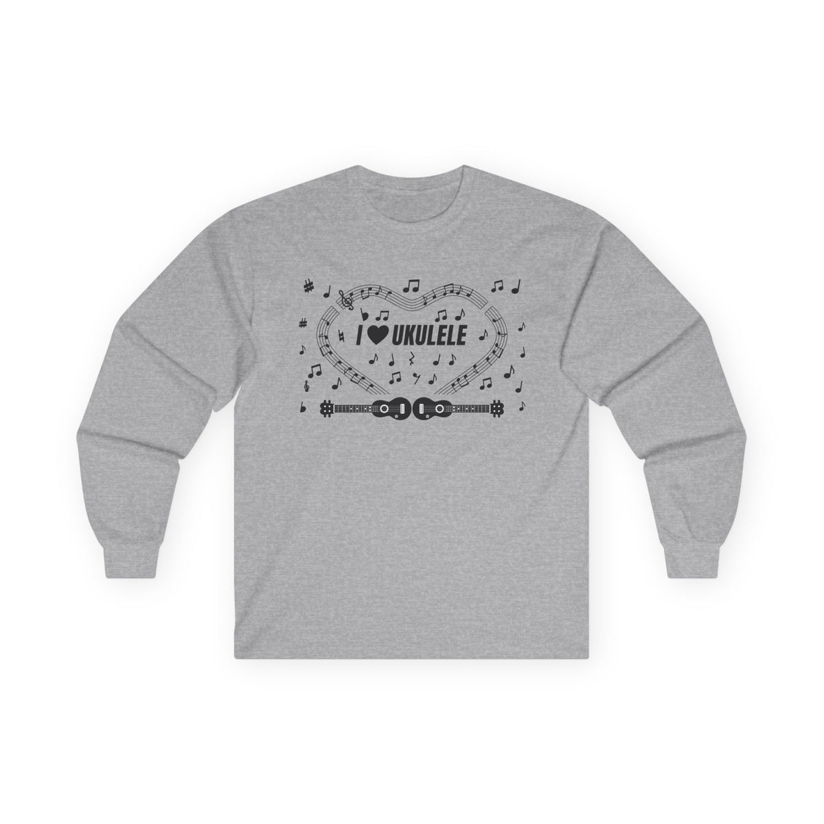 Music-themed Unisex Ultra Cotton Long Sleeve Tee: 'I love ukulele' - black on white