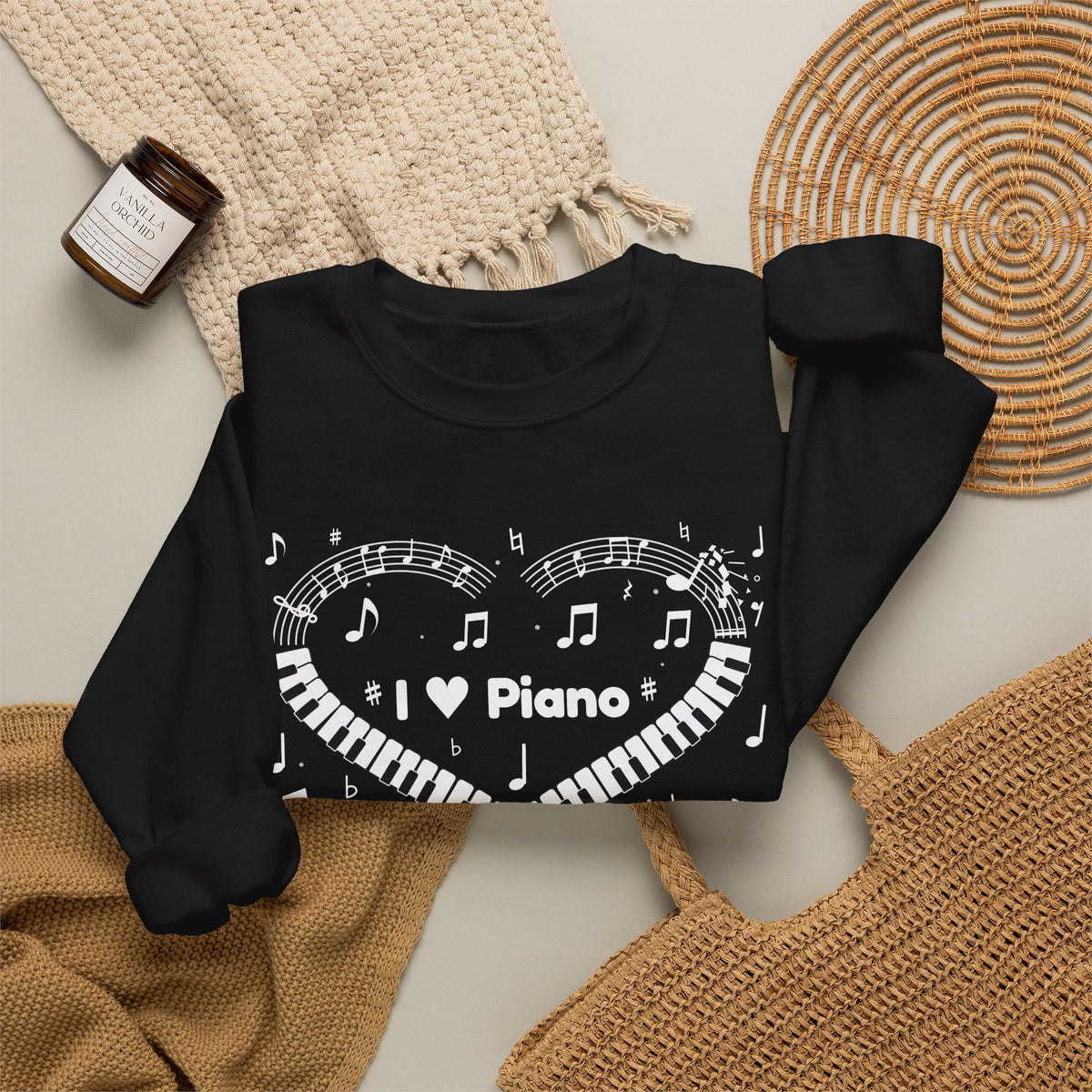Music-themed Unisex Heavy Blend Crewneck Sweatshirt: 'I love piano' heart - black & white