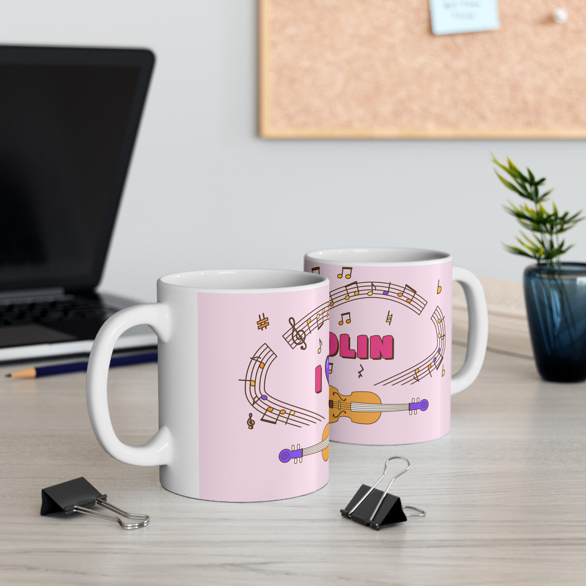 Music-themed Ceramic Mug, 11oz, 15oz: 'I love violin' - pink