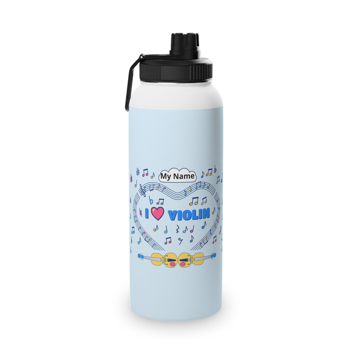 Music-themed Stainless Steel Water Bottle, Sports Lid: 'I love violin' - blue