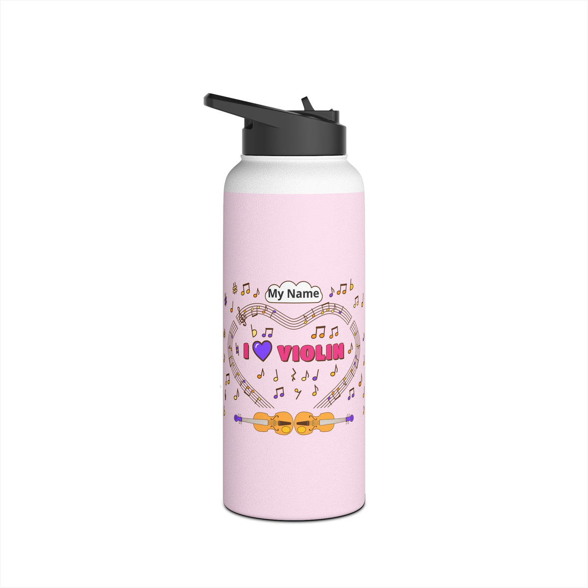 Music-themed Stainless Steel Water Bottle, Standard Lid: 'I love violin' - pink