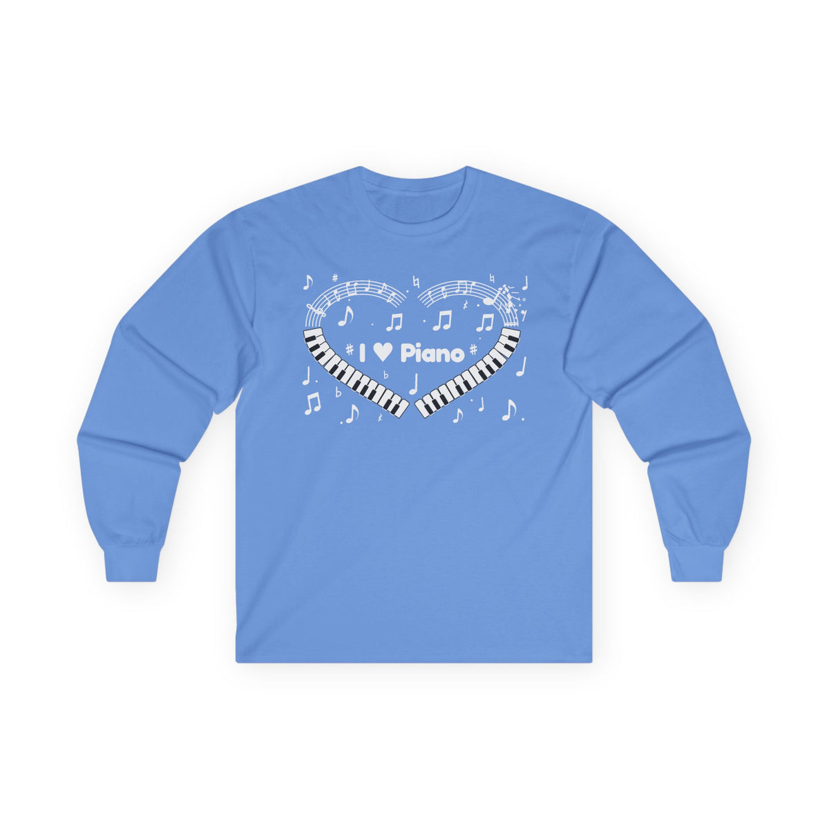 Music-themed Unisex Ultra Cotton Long Sleeve Tee: 'I love piano' heart - black & white
