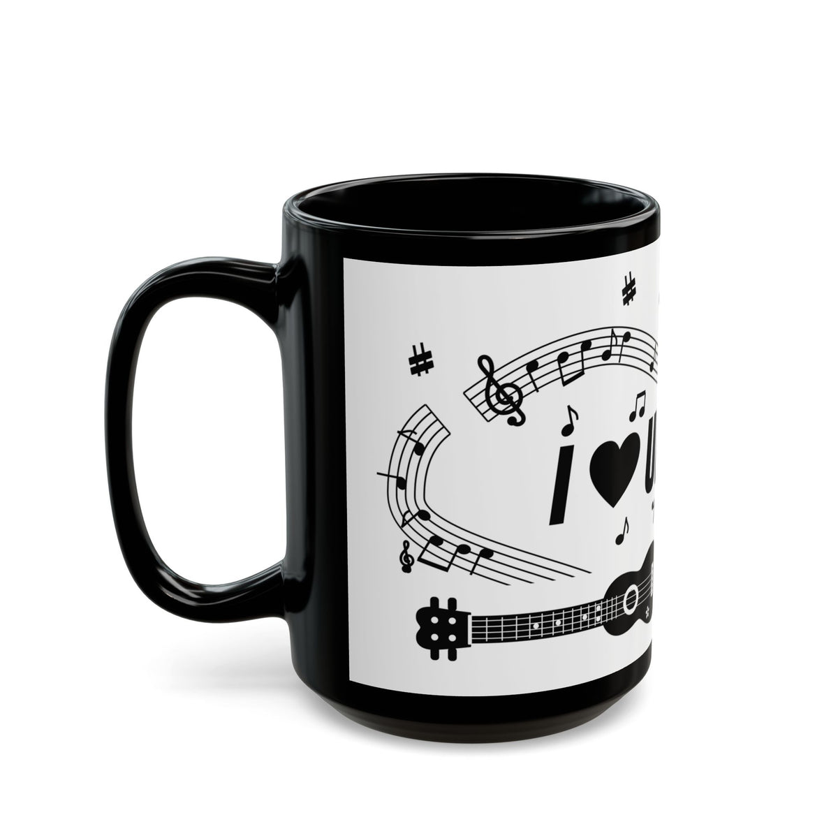 Music-themed Black Mug (11oz, 15oz): 'I love ukulele' - black on white